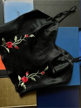 Vintage Black Satin Floral Embroidered Top
